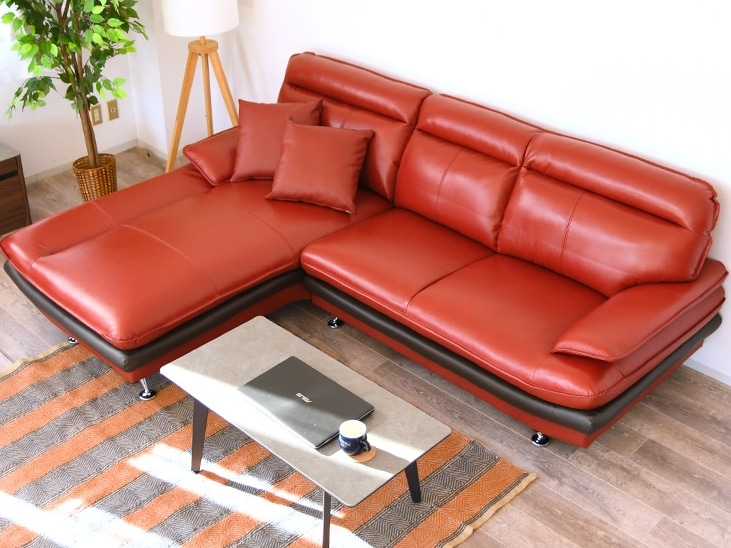 本革張り カウチソファー 3人掛け ワインレッド カウチソファ 赤