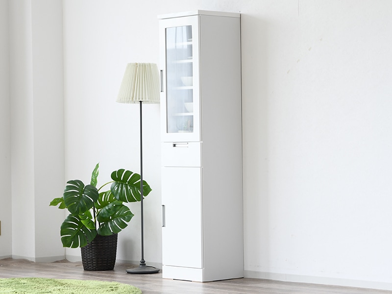 隙間収納 幅30cm おしゃれ 棚 開き戸 ガラス戸 引出し スリム 白 鏡面