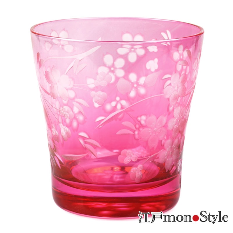 江戸切子・花切子ロックグラス(桜/金赤)【名入れ・メッセージ入れ可
