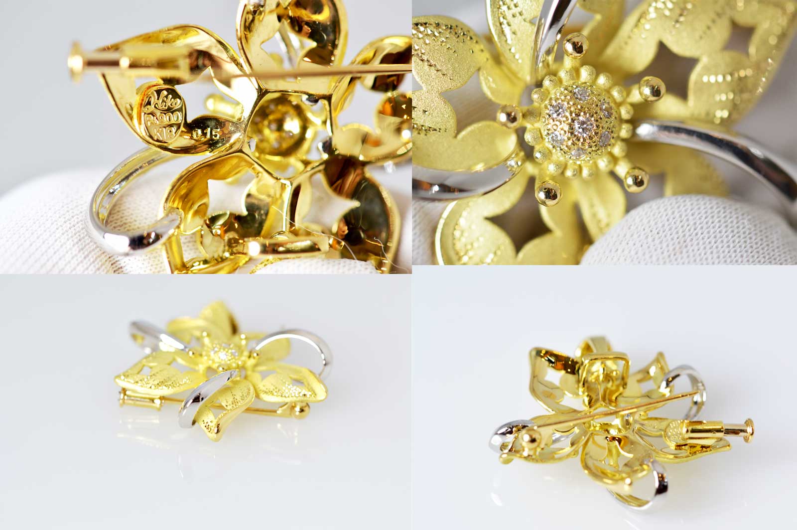 HIKO 松井久子 K18YG PT900 ダイヤ0.15ct ブローチ ジュエリー作家