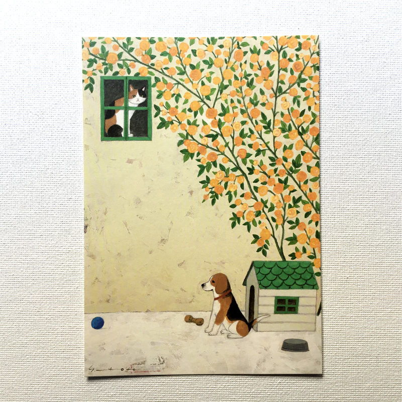 Yoko Matsumoto マツモトヨーコ ポストカード 黄色い花 ビーグル 三毛猫