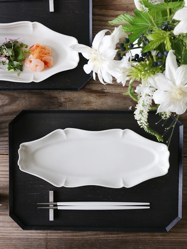 臼杵焼 輪花オーバル長皿29x12cmホワイト