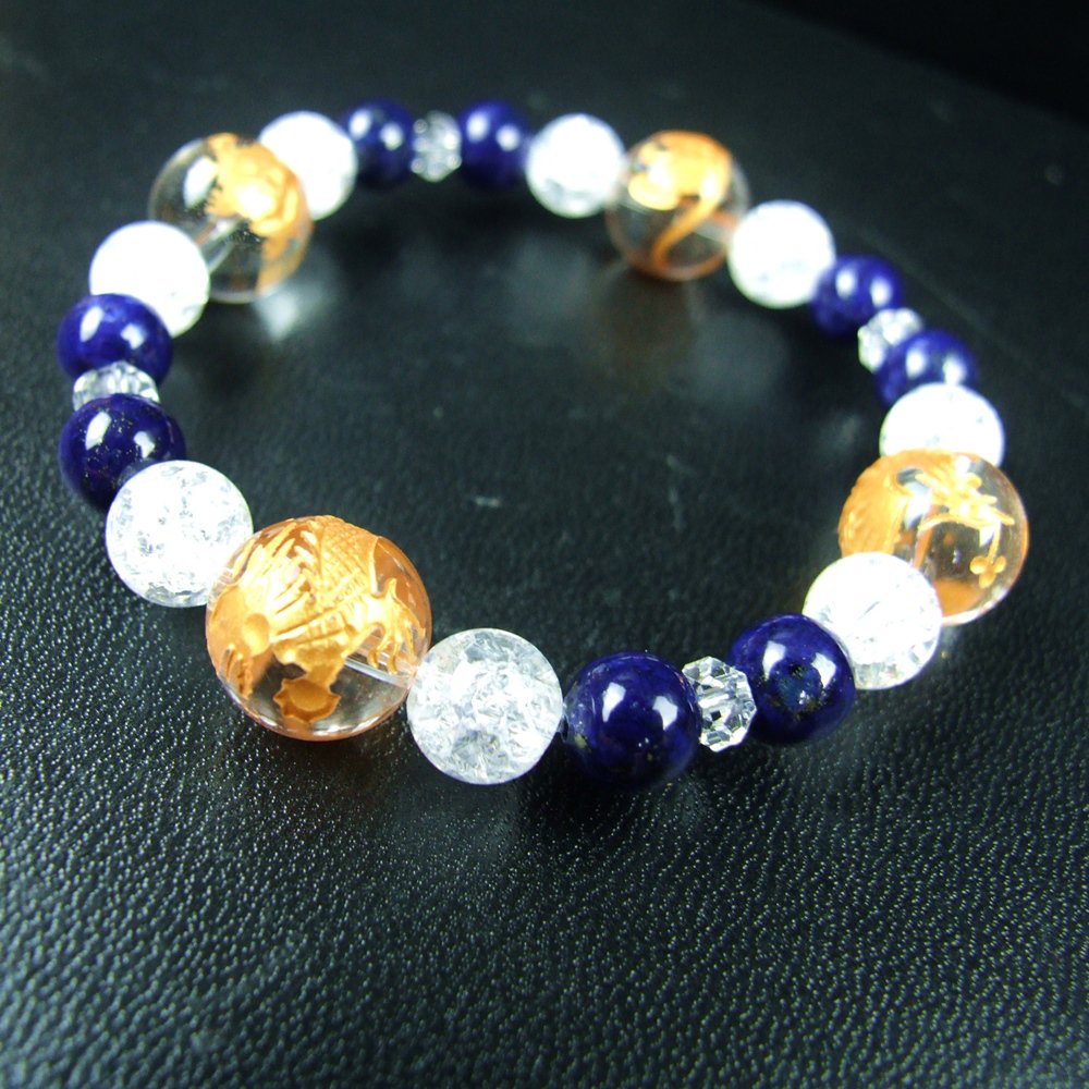 ブレスレット【ラピスラズリ＆C水晶】□レディース□四神水晶金彫り