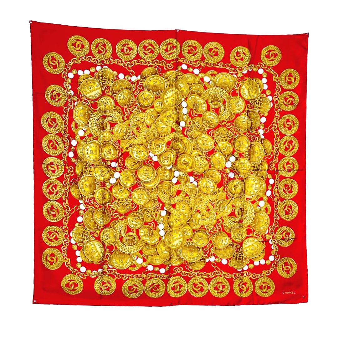 CHANEL シャネル スカーフ ココマーク チェーン柄 シルク レッド