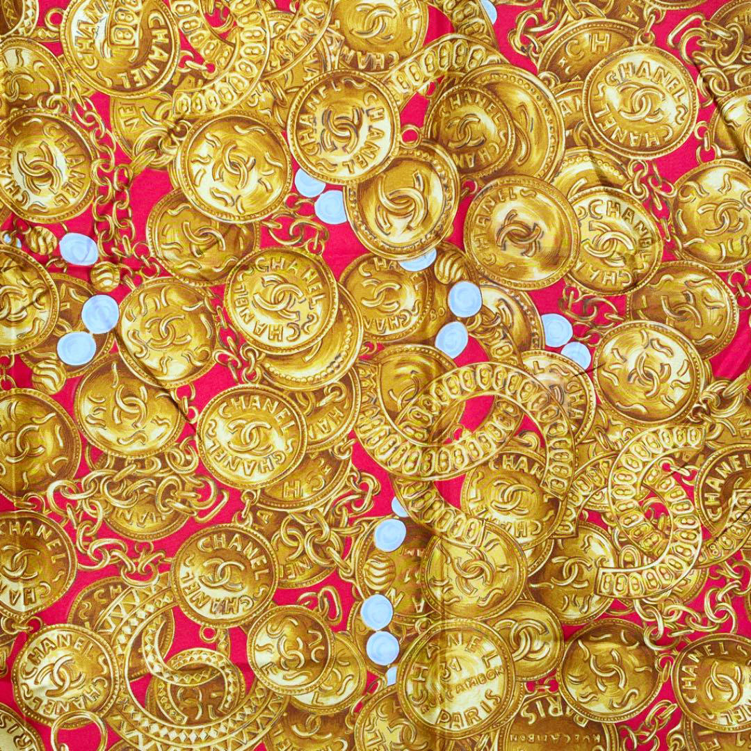 CHANEL シャネル スカーフ ココマーク チェーン柄 シルク レッド