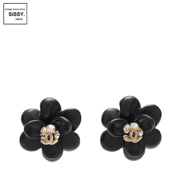 □シャネル□ カメリア ココマーク ピアス ラインストーン ブラック