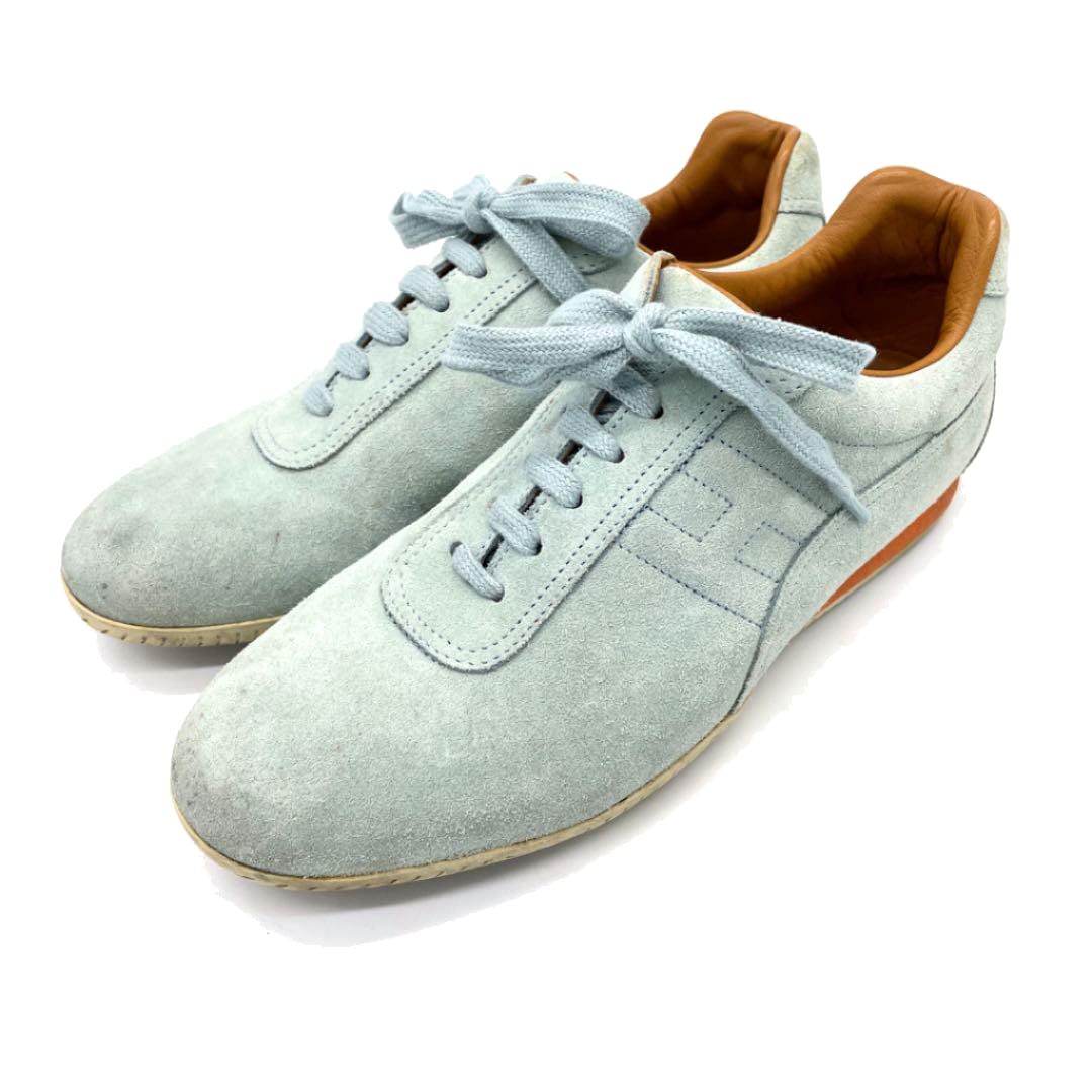 HERMES エルメス スニーカー Hロゴ スエード ライトブルー系 38 1/2(約