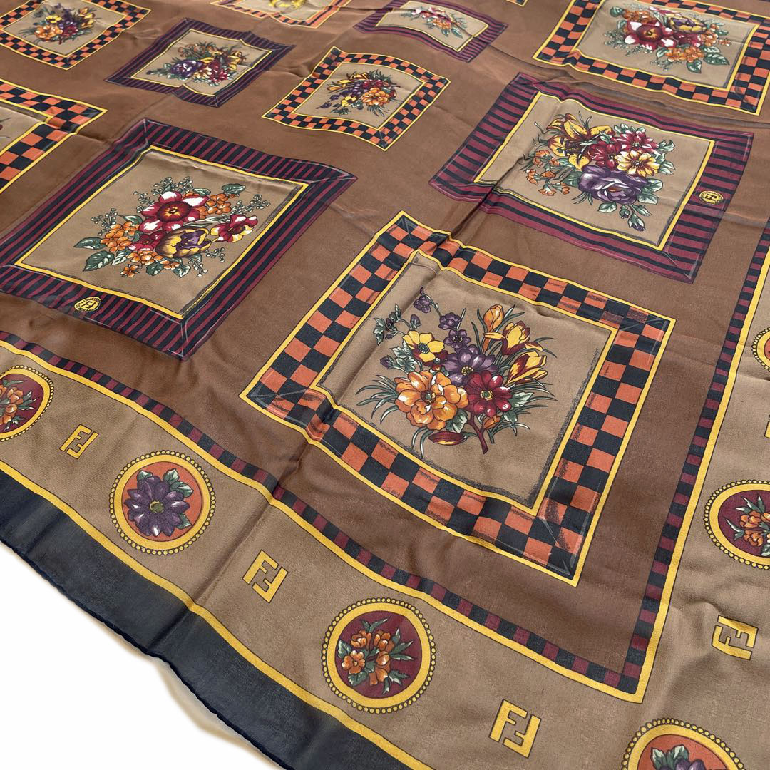 FENDI フェンディ 大判 シフォンスカーフ 花柄 135cm シルク ブラウン