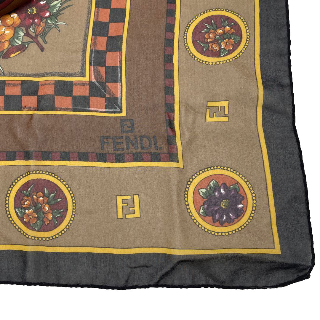 FENDI フェンディ 大判 シフォンスカーフ 花柄 135cm シルク ブラウン