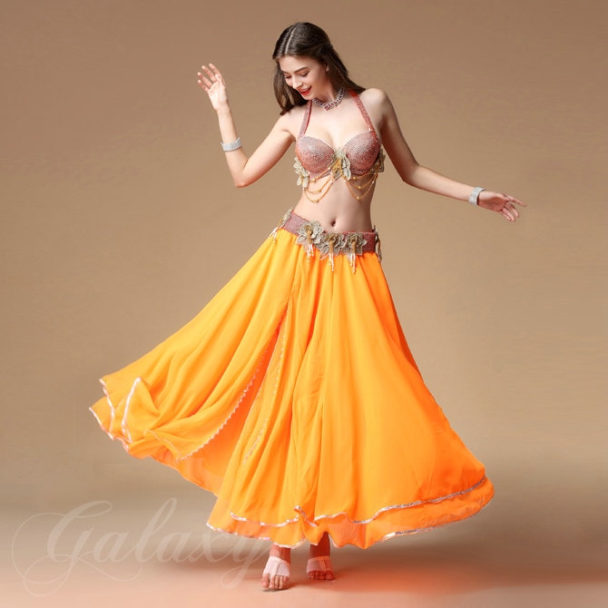 ベリーダンス インドダンス オレンジ 上下セット セクシー 豪華 舞台