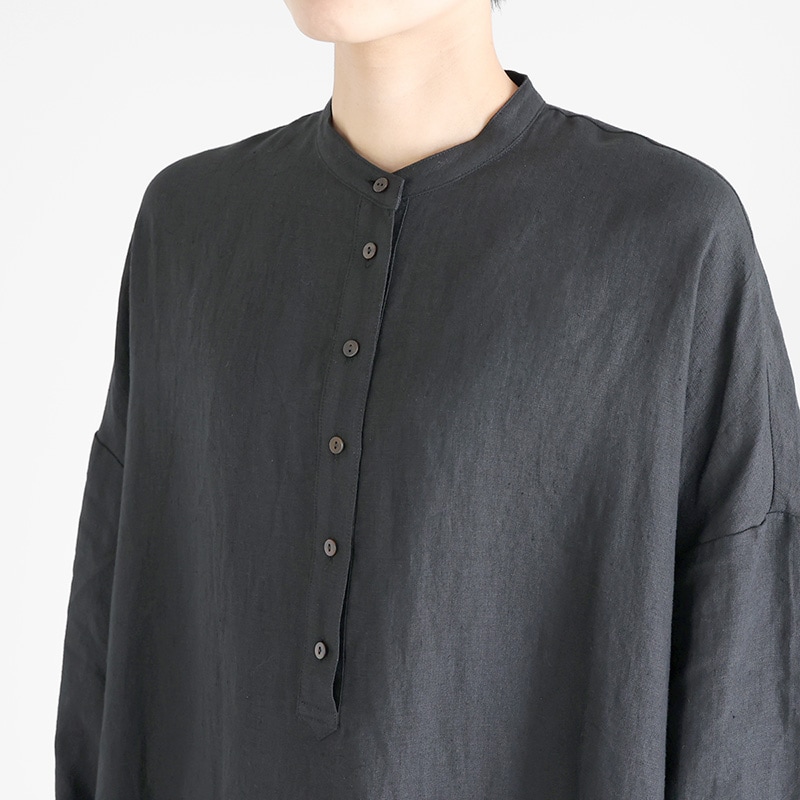 HUIS｜シャトルリネンバンドカラーワイドワンピース ブラック | 趣佳