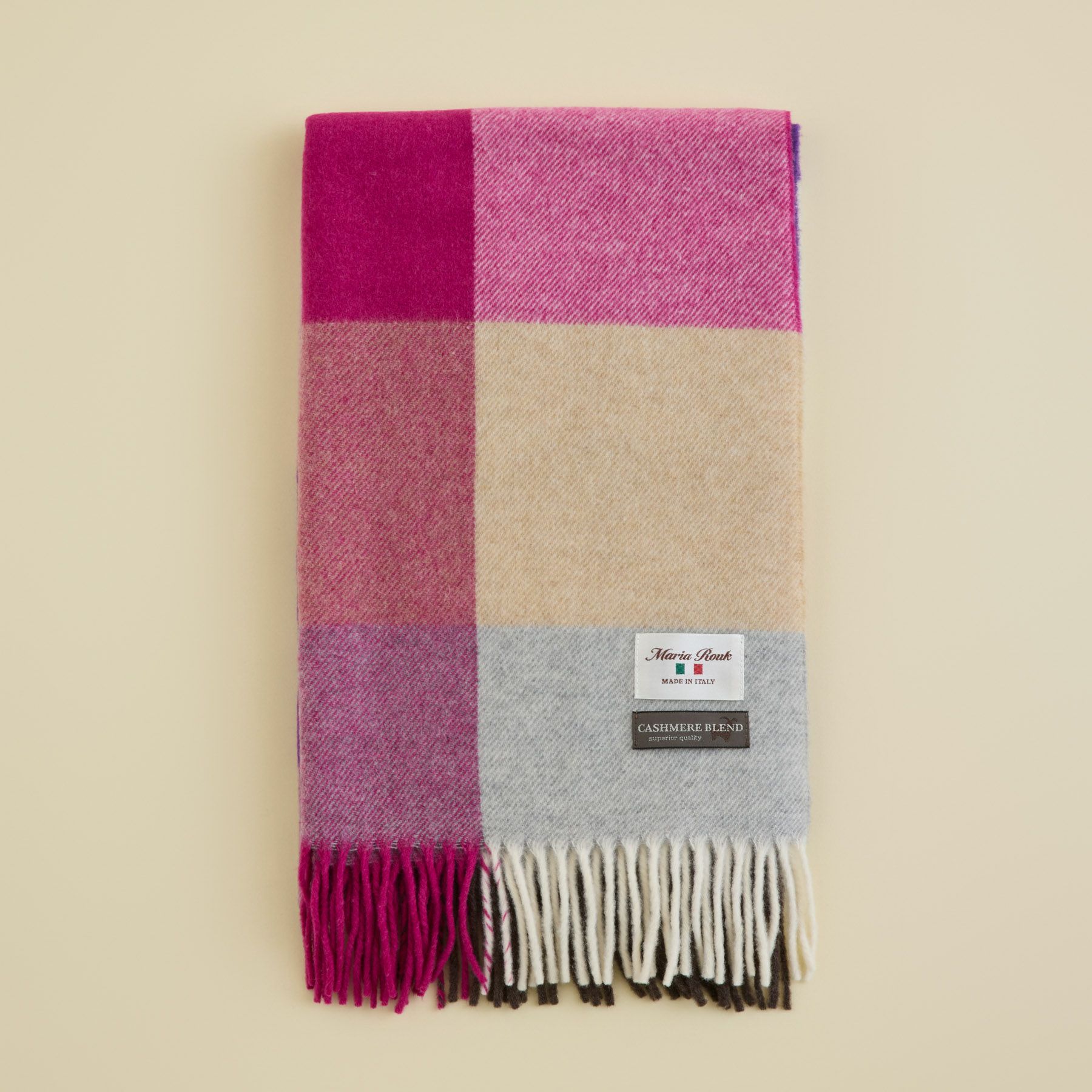イタリア製 カシミヤブレンドブロックチェックストール＜ピンク