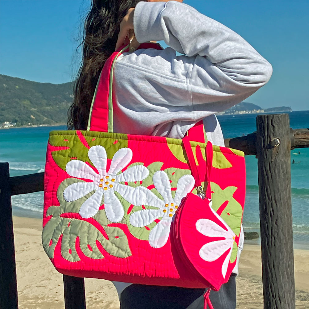 ハワイアンキルト バッグ モンステラ×ティアレ柄 ポーチ付き大