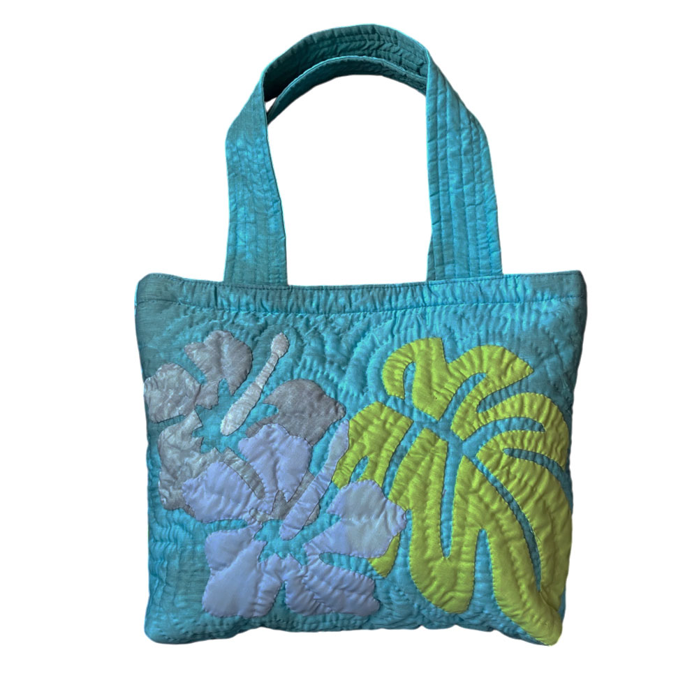 ハワイアンキルト ハンドバッグ むら染め ブルー ハイビスカス