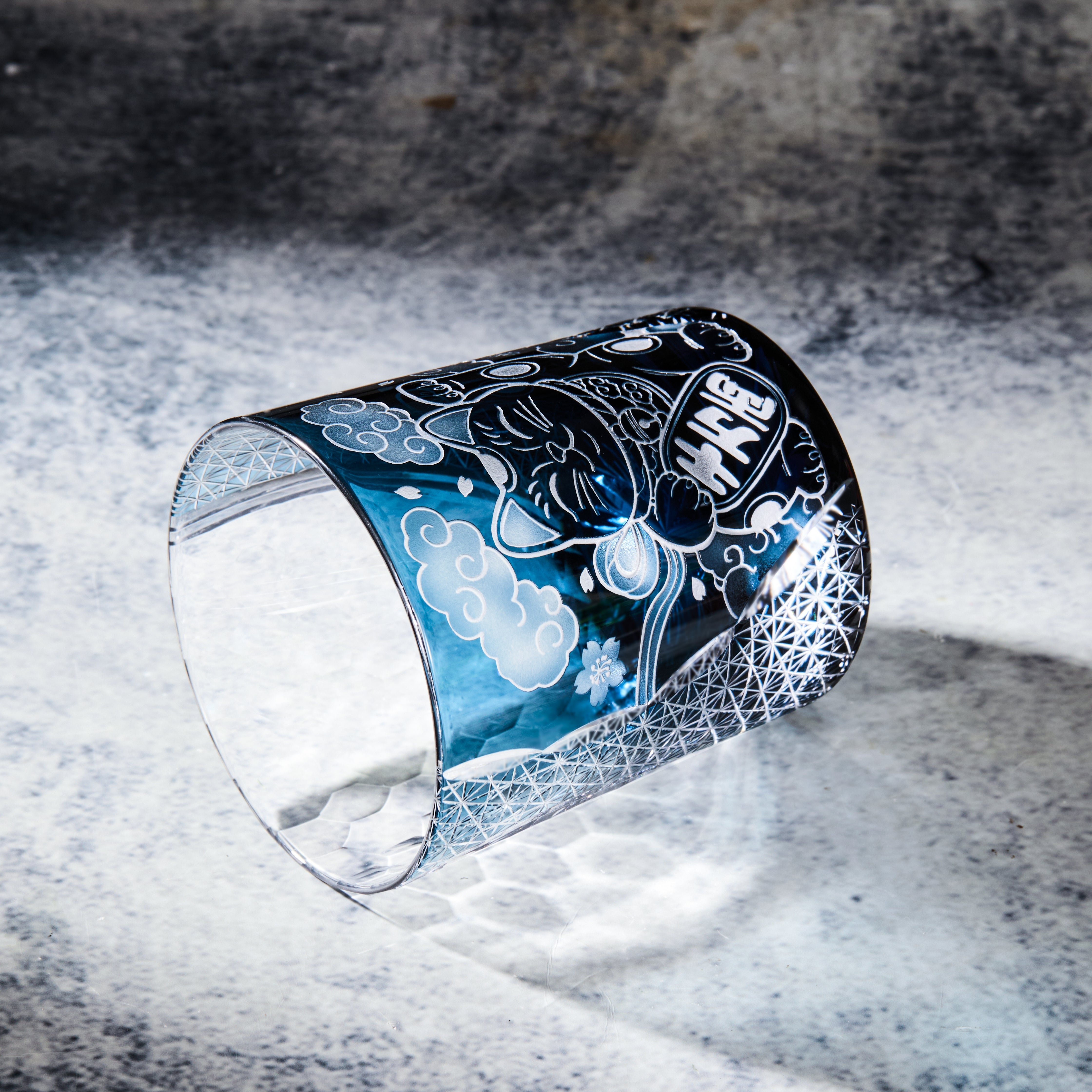 Edo Kiriko Handcrafted Maneki Neko Whisky Glass With Wooden Box