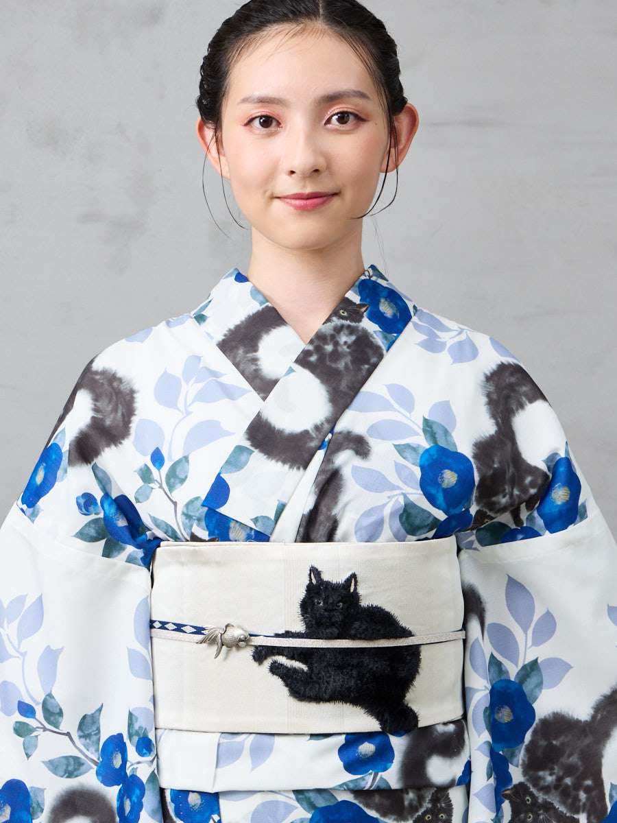 残りわずか】浴衣単品「 水墨猫 」(FREE ダークレッド): ふりふ