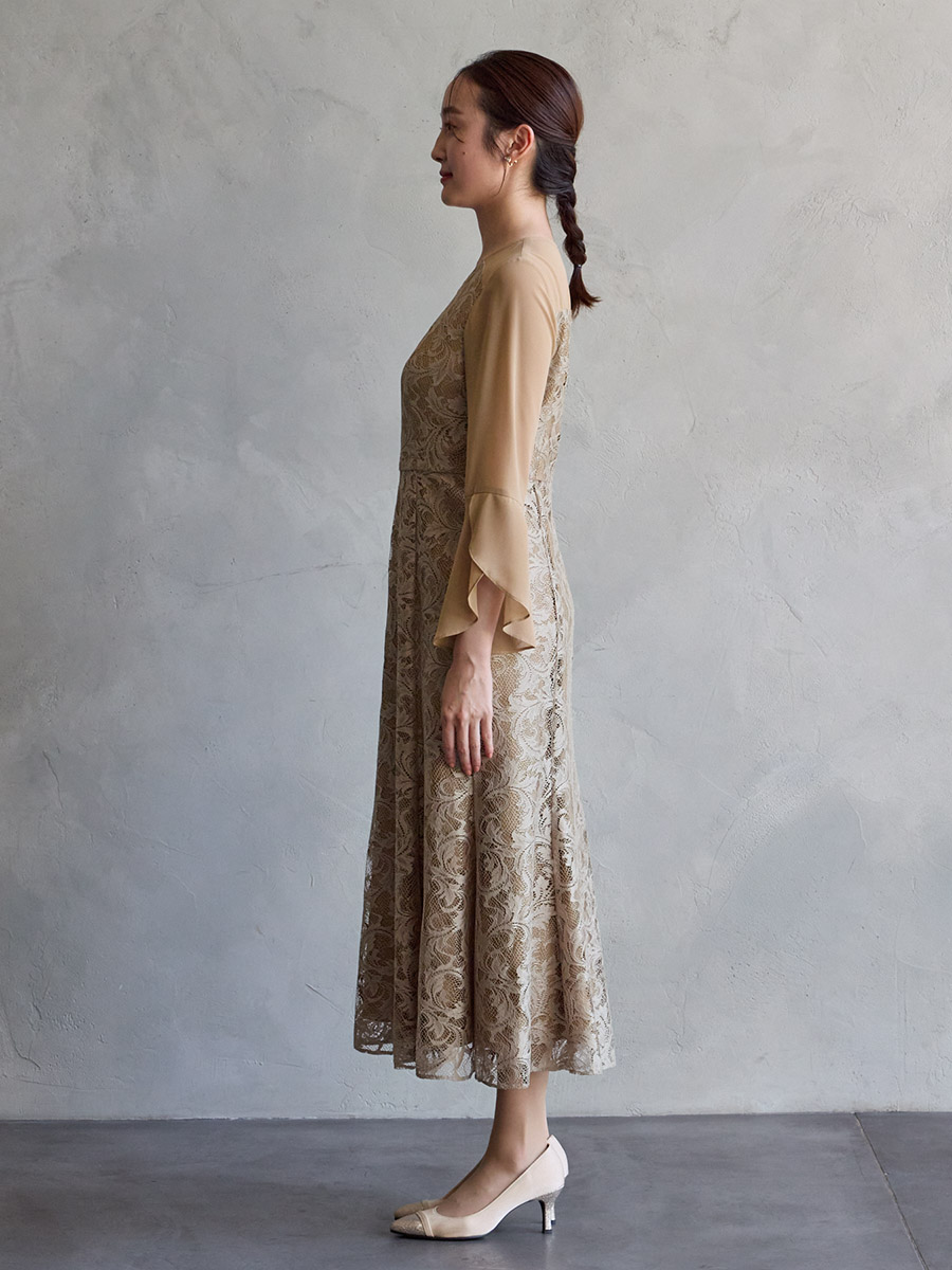 フレアスリーブレースマーメイドラインドレス(M ベージュ): AIMER