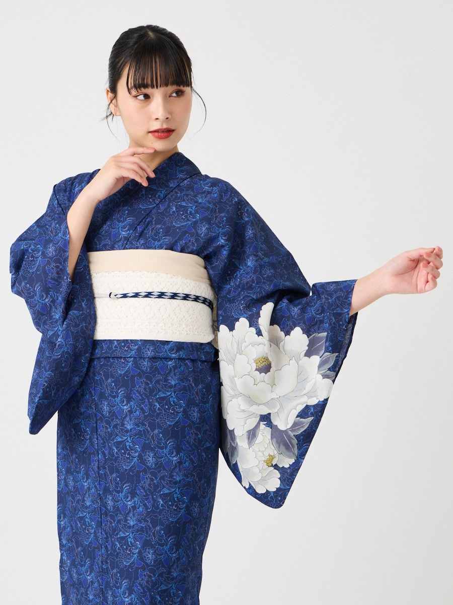 残りわずか】浴衣単品「 更紗牡丹 」(FREE ダークレッド): ふりふ