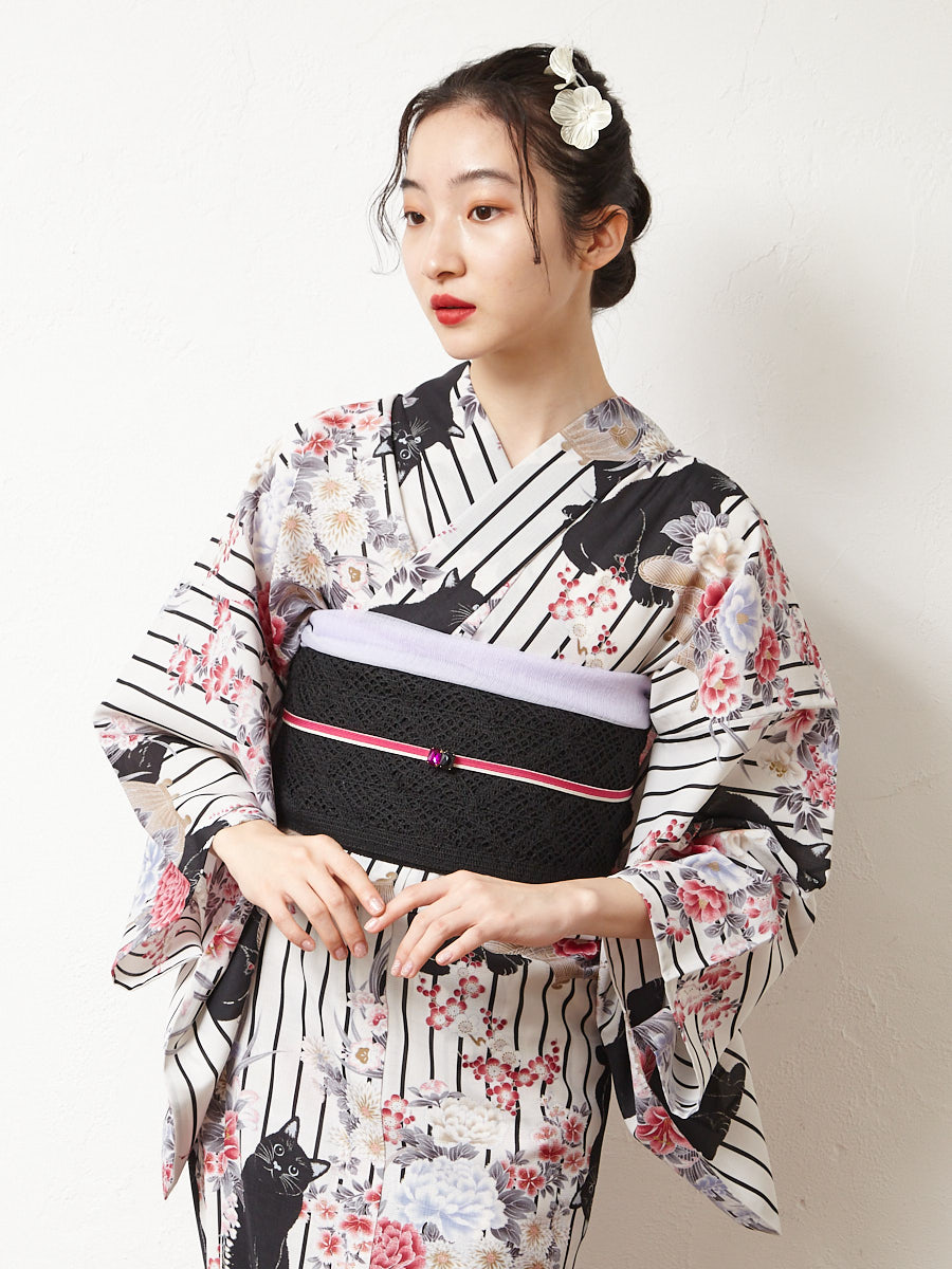 残りわずか】浴衣単品「花猫籠」(FREE オールドローズ): ふりふ