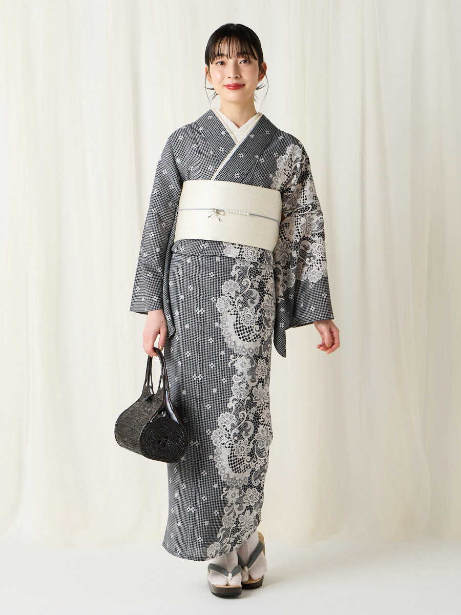 残りわずか】浴衣単品「 片寄せレース 」(FREE ライトグレー): ふりふ