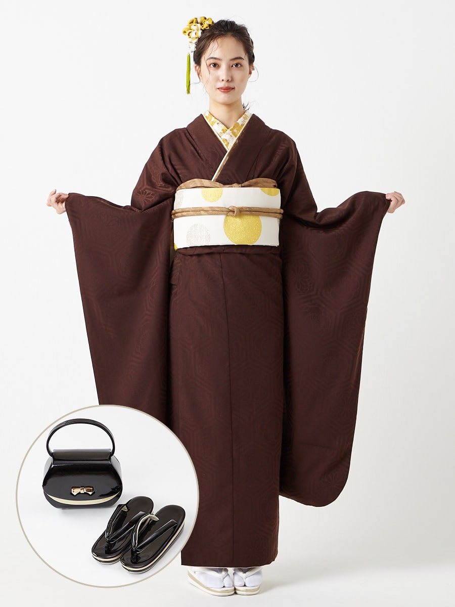 レンタル振袖【F2717】 華亀甲・ブラウン(FREE レッド): ふりふ