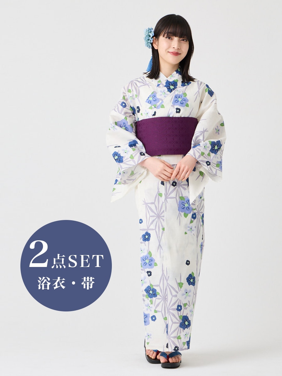 WEB限定】浴衣2点セット（二部式浴衣 「 麻の葉つばき」+ 作り帯「花