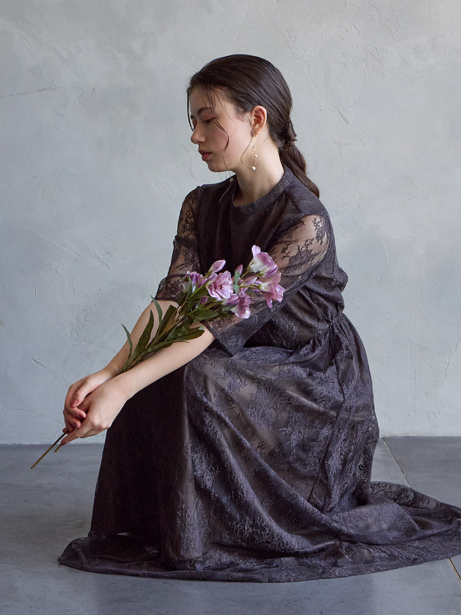 WEB限定】プチハイネック5分袖レースドレス(S ブラウン): AIMER | エメ