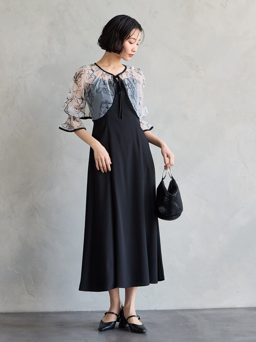 試着キャンペーン対象】2WAY線描フラワー刺繍ボレロセットドレス(S