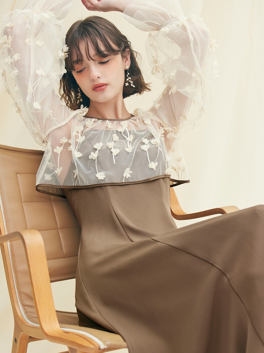 試着キャンペーン対象】3Dフラワー刺繍ボリュームスリーブブラウス