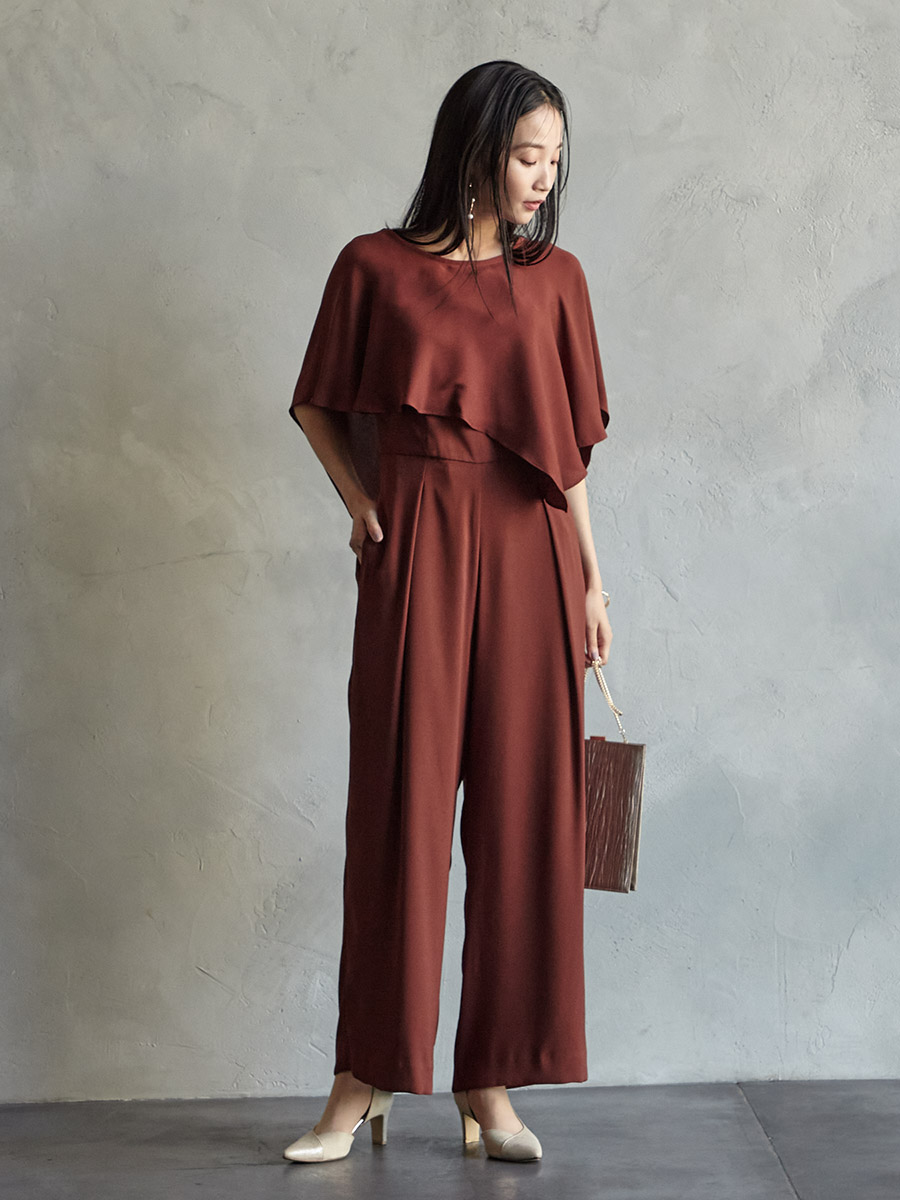 試着キャンペーン対象】ケープ付ストレートパンツオールインワン(M