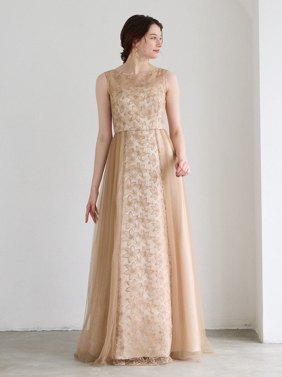 Eclore/チュール×ラメ刺繍ロングドレス(M ベージュ): AIMER | エメ