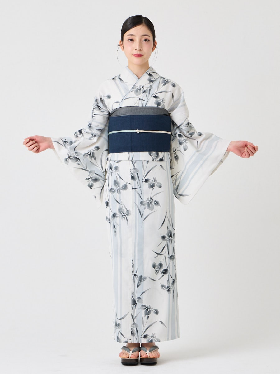 浴衣単品「 NaturalFurifu あやめストライプ 」(FREE オフホワイト