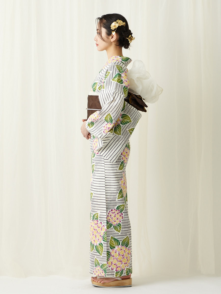 残りわずか】浴衣単品「あじさいボーダー」～Natural Furifu