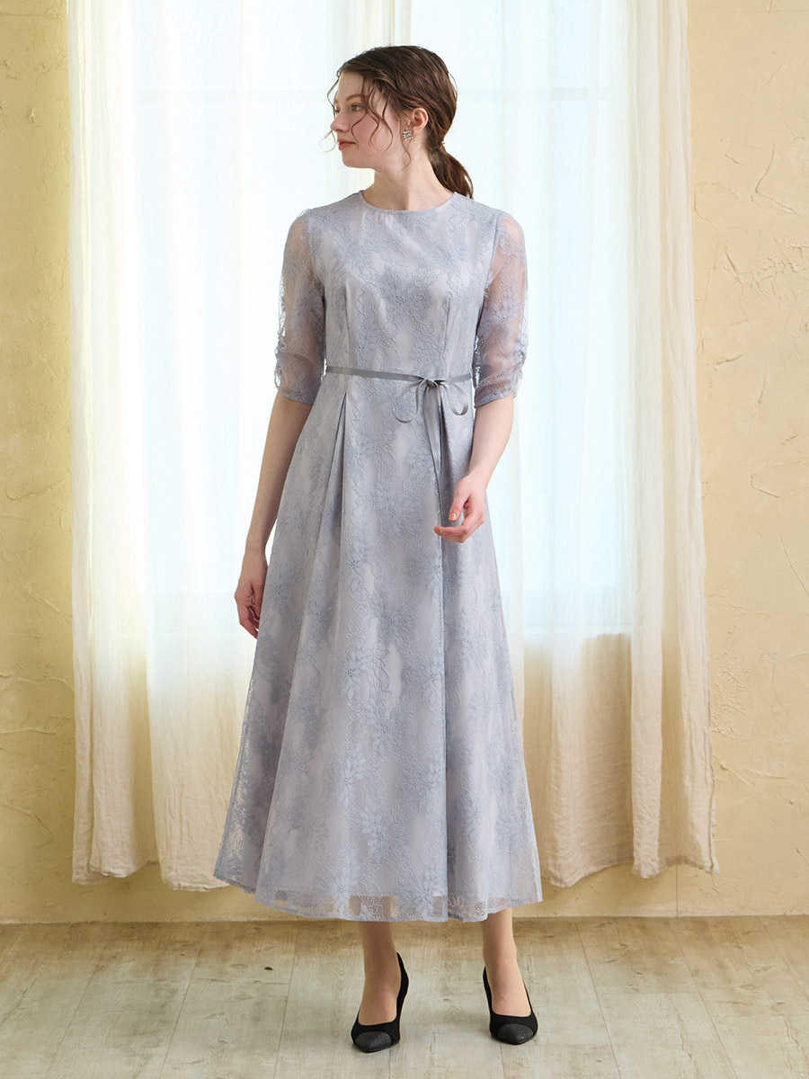 試着キャンペーン対象】サテンリボンベルトラメレースドレス(S ピンク