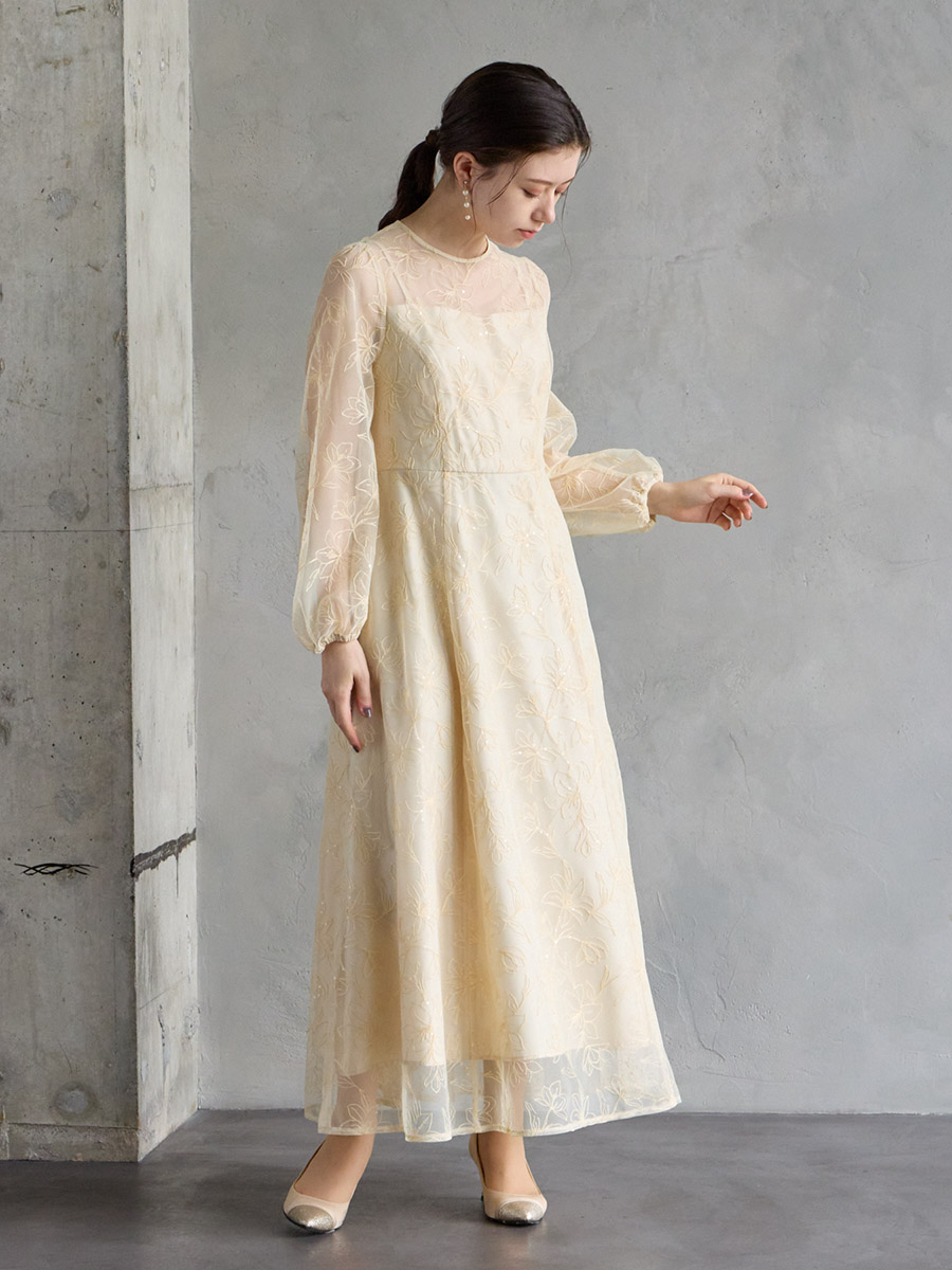 試着キャンペーン対象】スパンコールフラワー刺繍ロングスリーブドレス