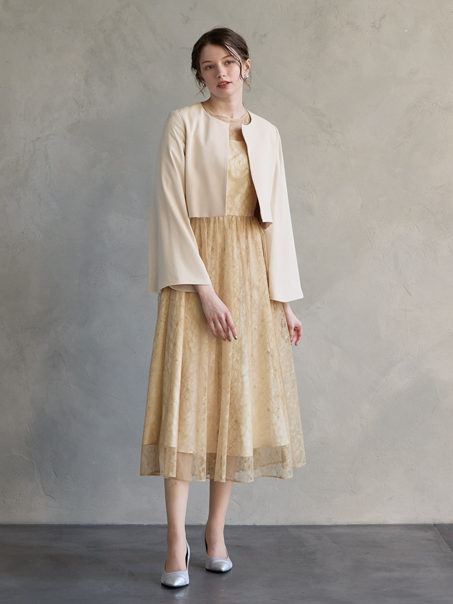 ラメレースギャザースリーブレースアップフィット＆フレアドレス(S