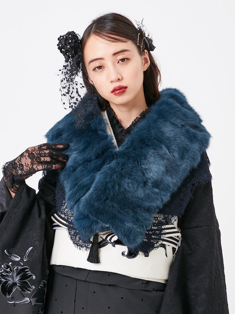 ラスト1点】レースラビットファーショール(FREE ネイビー): ふりふ