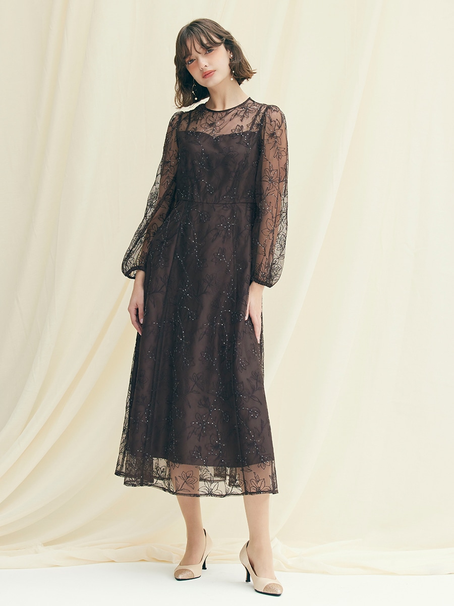 試着キャンペーン対象】スパンコールフラワー刺繍ロングスリーブドレス