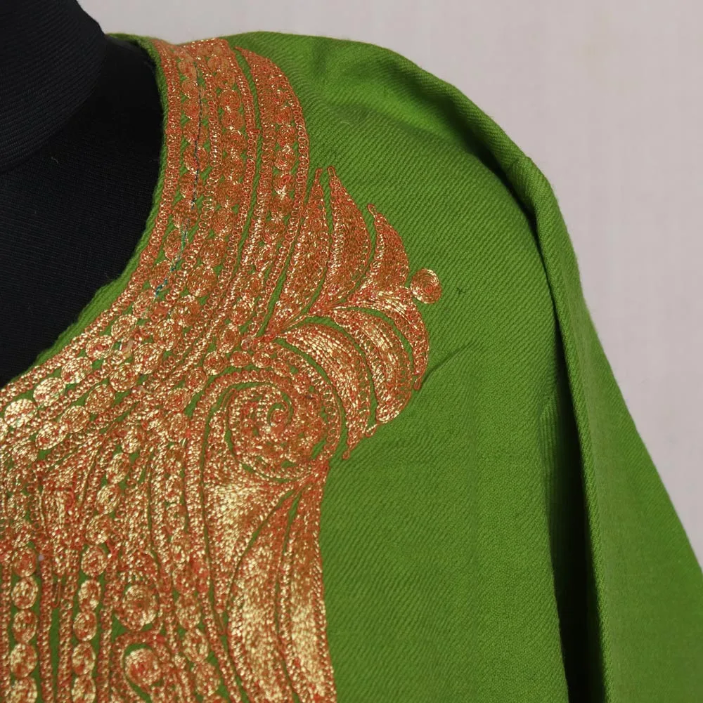 Mehndi Green Kashmiri Raffal Pheran with Tilla Embroidery
