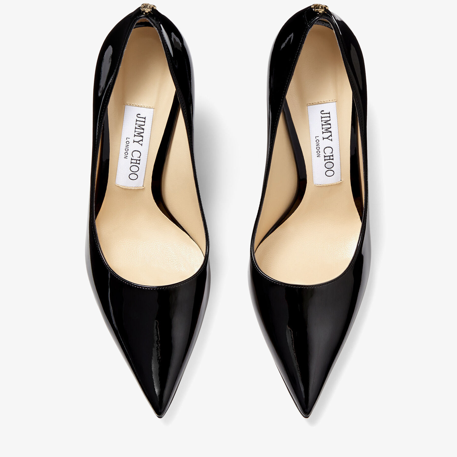 Black Patent Leather Pointed-Toe Pumps with JC Emblem | LOVE 100