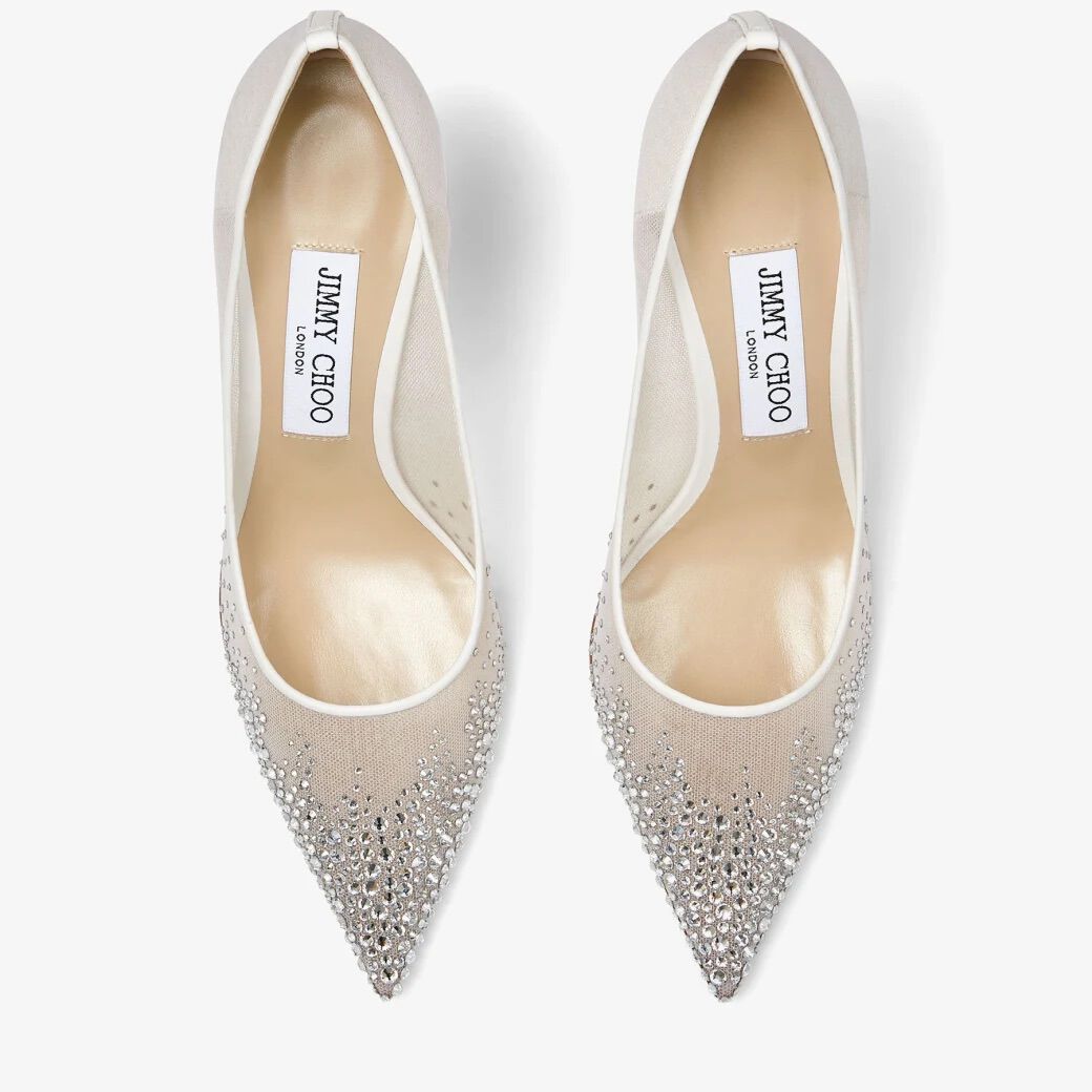White Mesh Pointed-Toe Pumps with Dégradé Crystals | LOVE 65