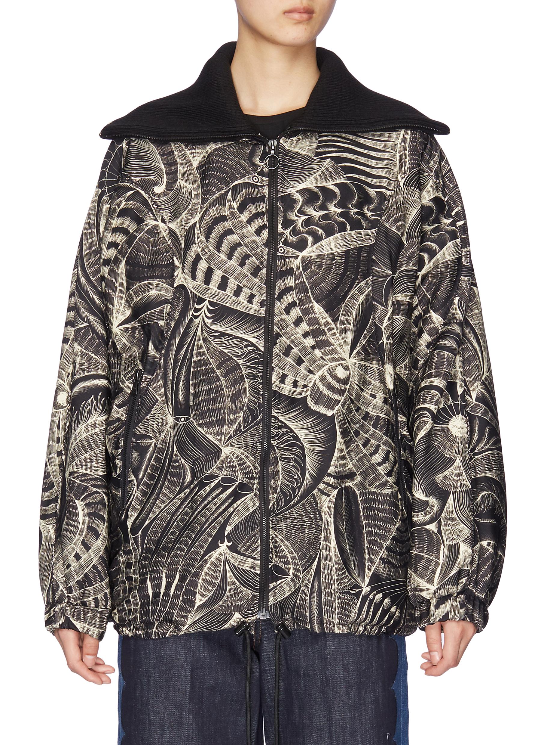 DRIES VAN NOTEN | 'Veloria' ribbed collar feather print oversized