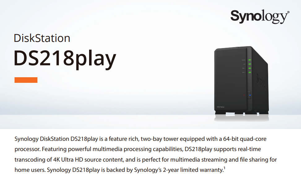 Synology DS218play NAS 2-Bay 1GB DDR3 Diskless