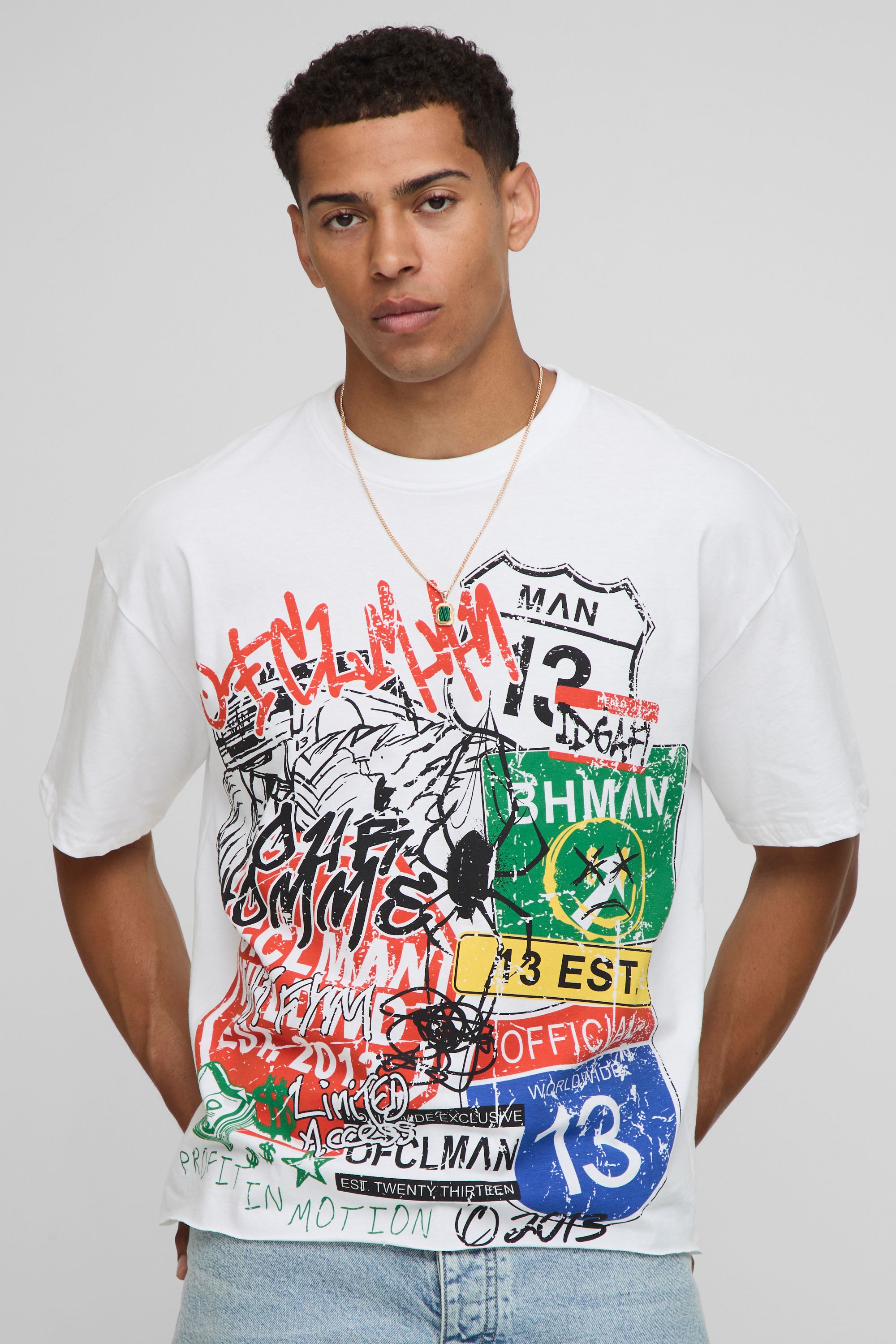 T-Shirts | White Oversized Boxy Raw Hem Graffiti Print T-Shirt