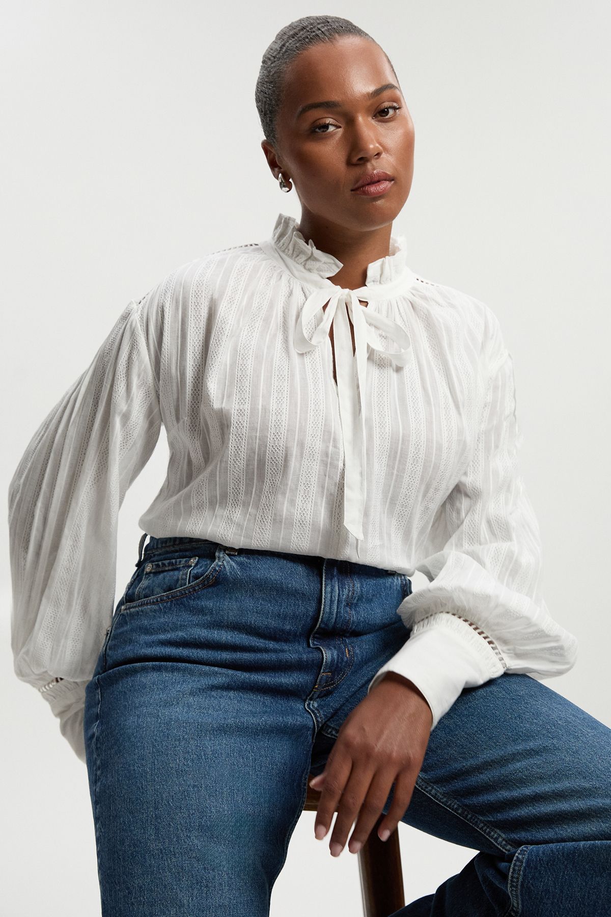 Tops | Plus Size Cotton With Lace Trim Insert High Neck Puff