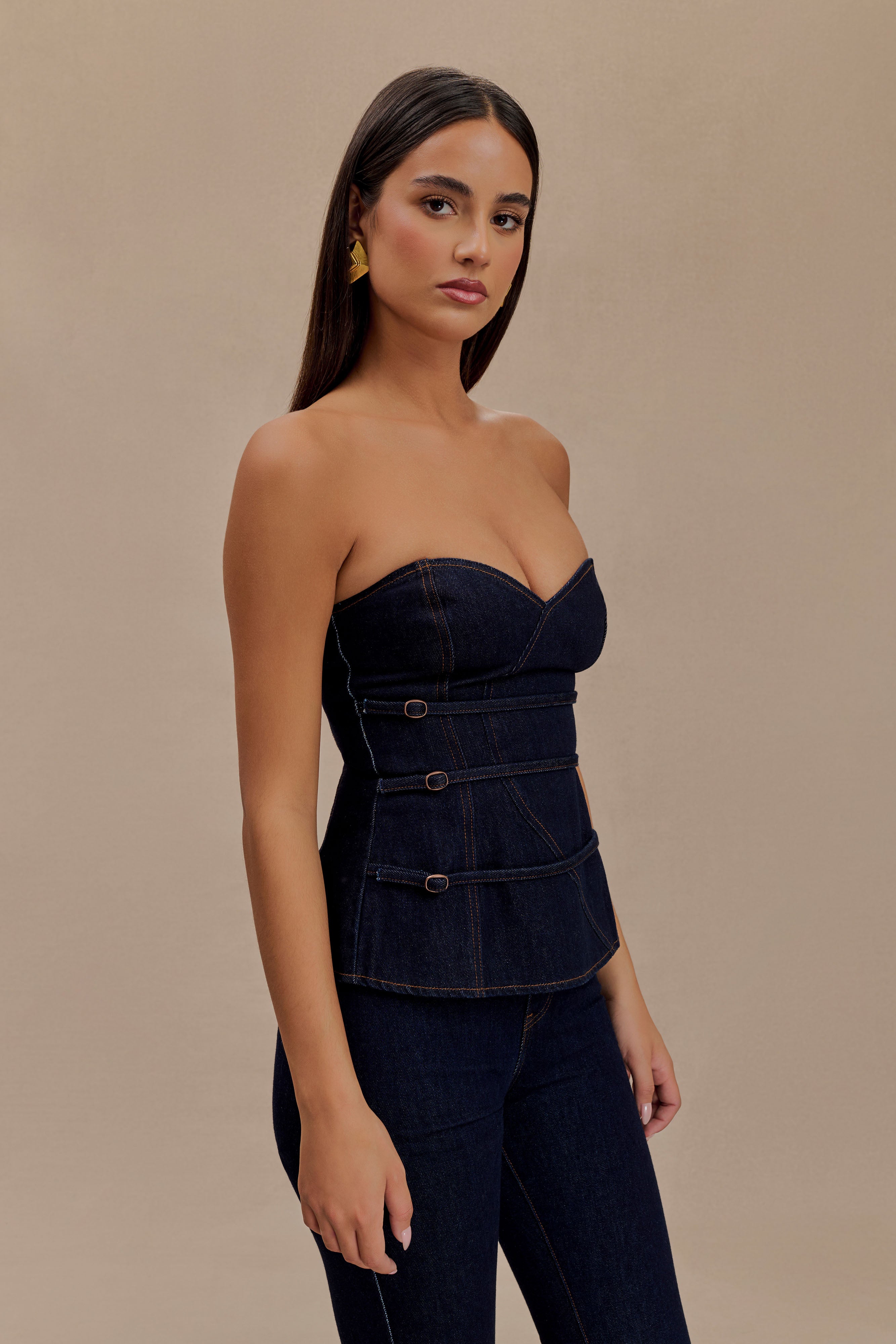 Sylas Strapless Buckle Denim Top - Indigo Blue | MESHKI UK