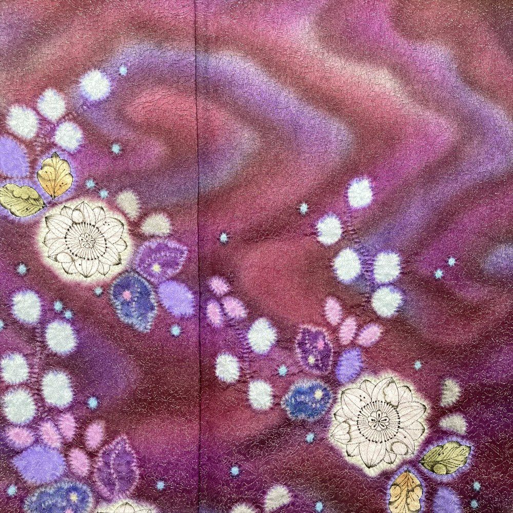 中古）久保田一竹 訪問着 茶 臙脂色 紫色 フォーマル 金通し 染め