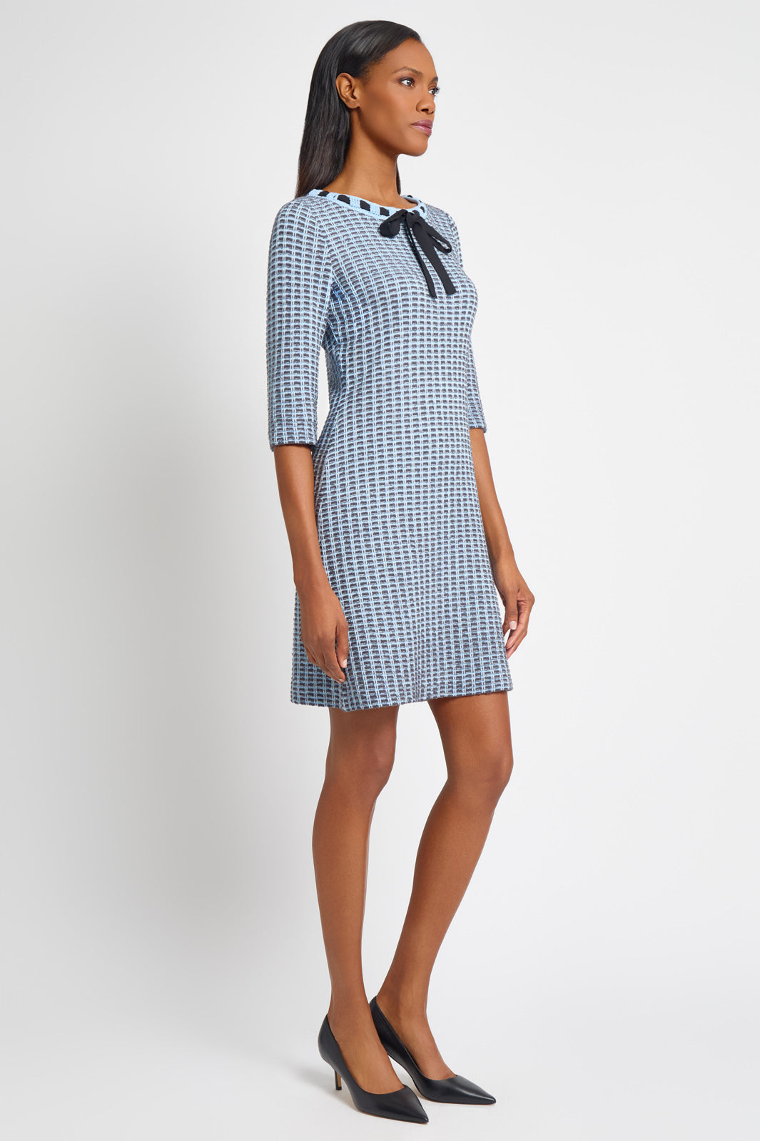 Tweed Knit Sheath Dress with Crochet Ribbon Trim | Ming Wang