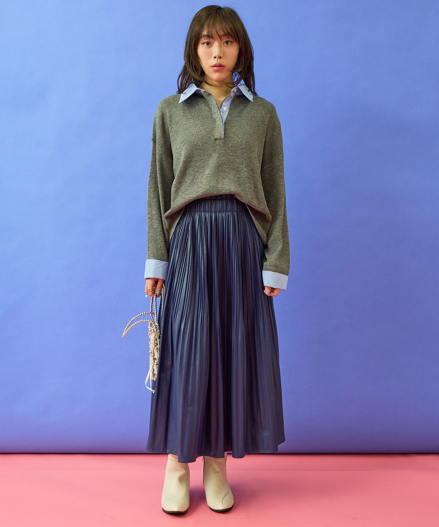 FONT LAB】フェイクシャツレイヤードクロップドニット｜ファッション