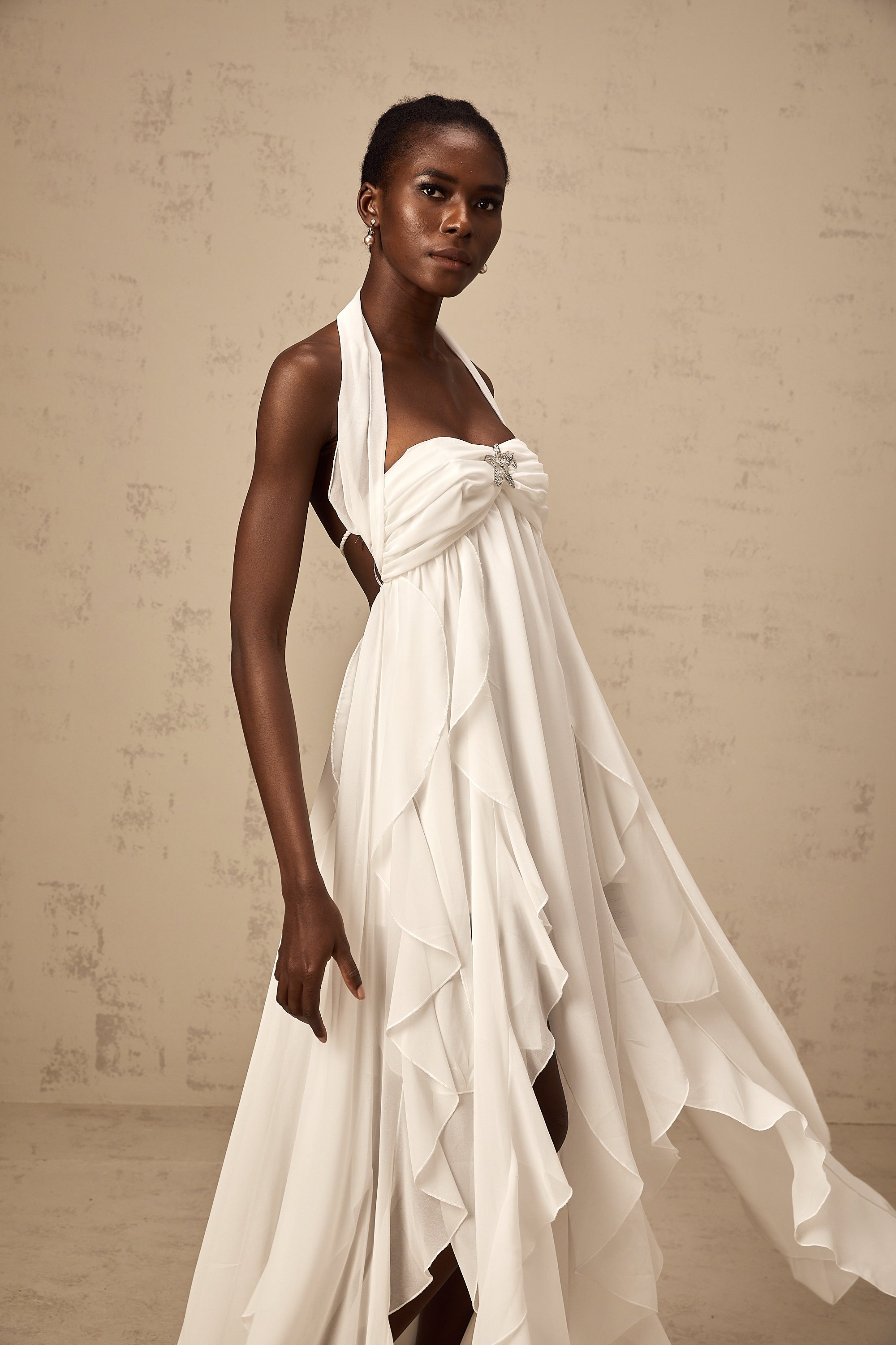 Mariah White Chiffon Ruffle Halterneck Maxi Dress